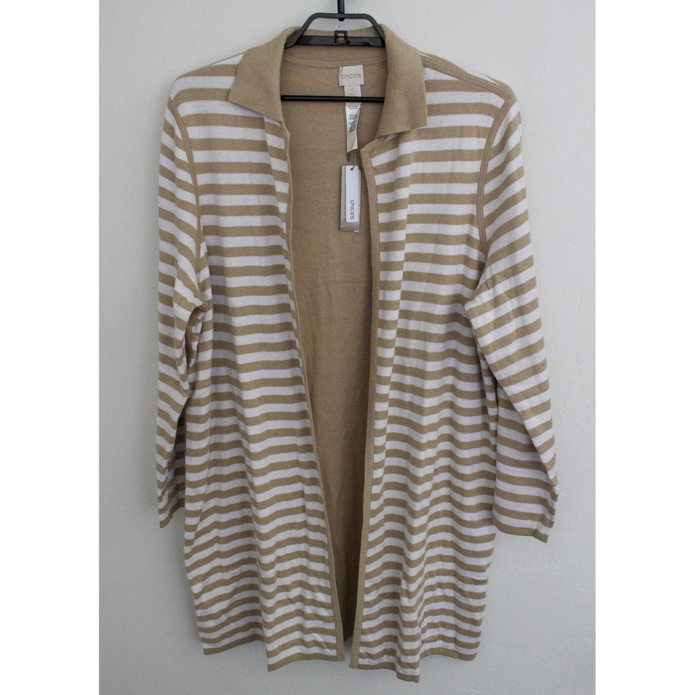 Chico's Reversible Cardigan Size 4 2XL Tan White Striped Open Front Long Sleeve